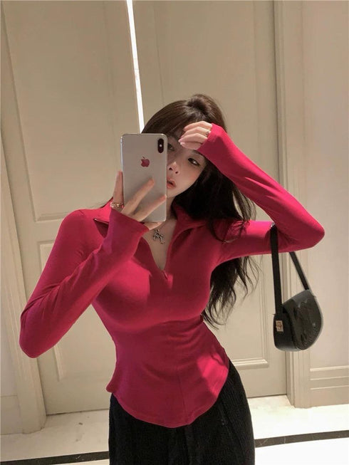 Collar Zip Up Long Sleeve Tops